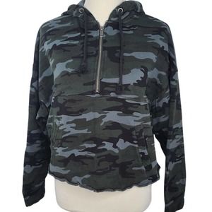 Sanctuary Sweatshirt Black Gray Camo Crop Hoodie Half Zip Fleece Oversized Boxy